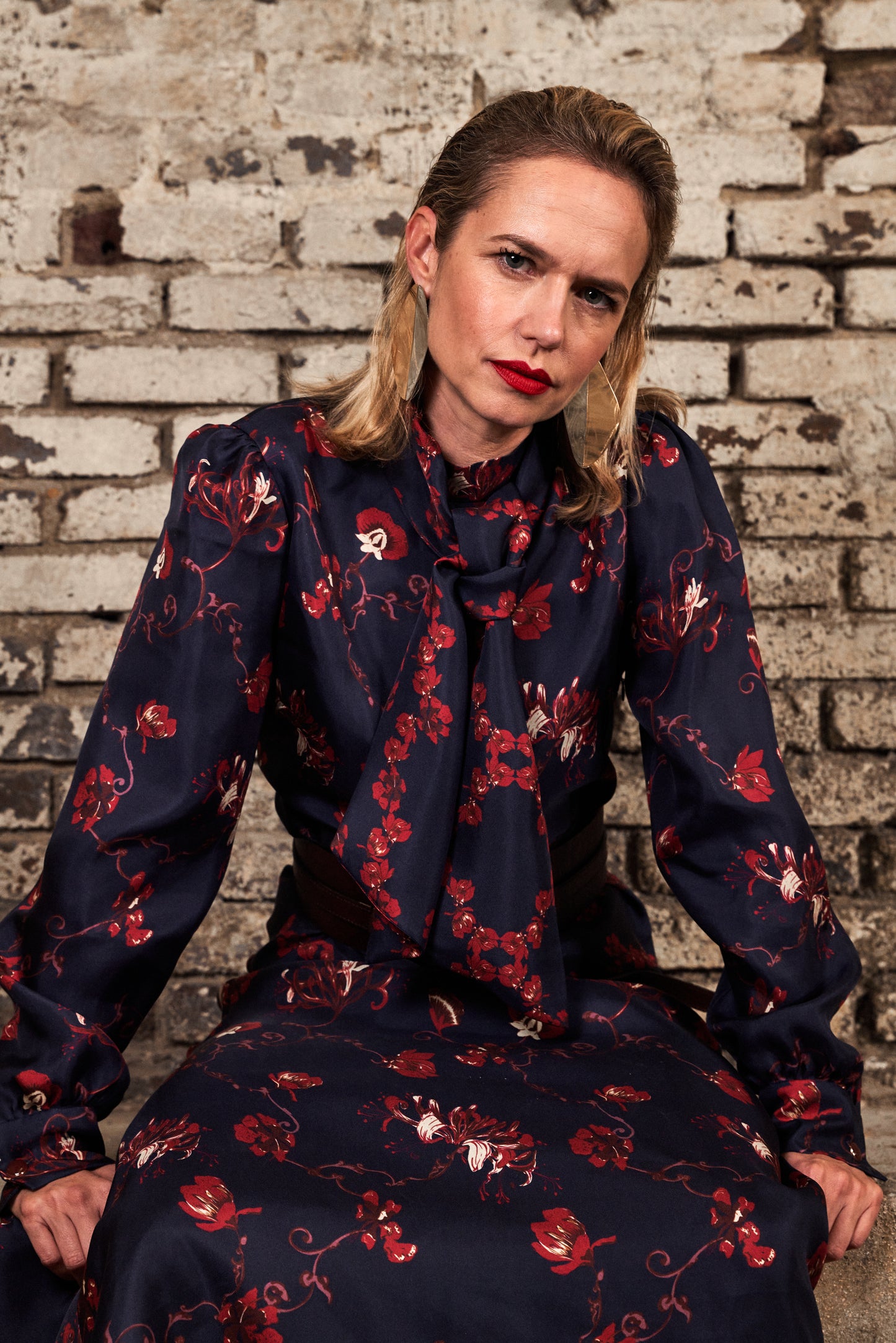 Robe Col Cravate en soie - Bleue